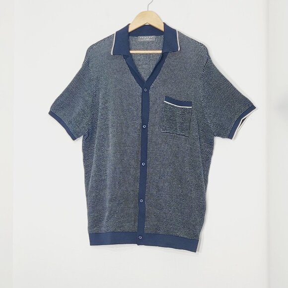 Primark Vintage Men's Knit Blue White Cotton Short Sleeve Button Polo Top Sz 2X - Picture 1 of 11